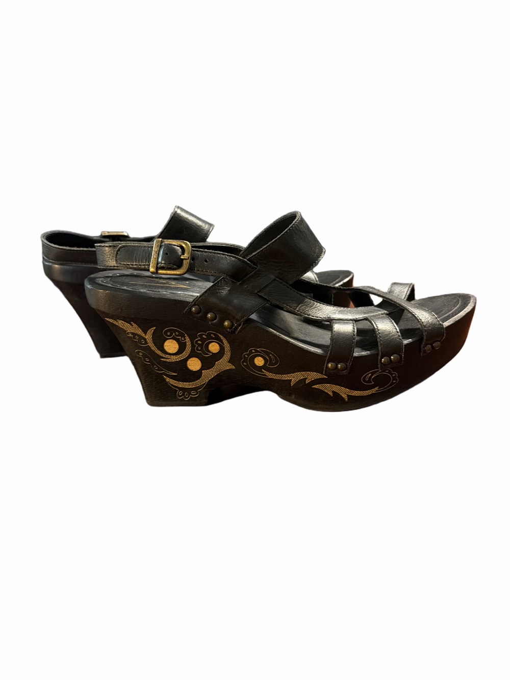 Vince Camuto Black Leather Strappy Wedges with Gold Floral Scroll. Size 8.5